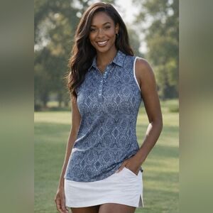 PGA Tour Ladies Sleeveless Blue Paisley Golf Polo Top Medium